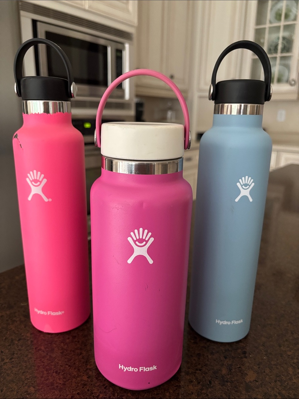 3 (THREE) Hydro Flask Pink, Magenta & Light Blue Insulated Bottles